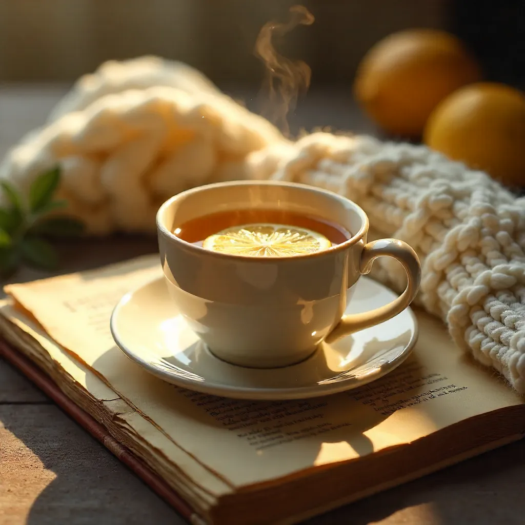 Cozy Lemon Tea on Vintage Pages Across a Knit Blanket