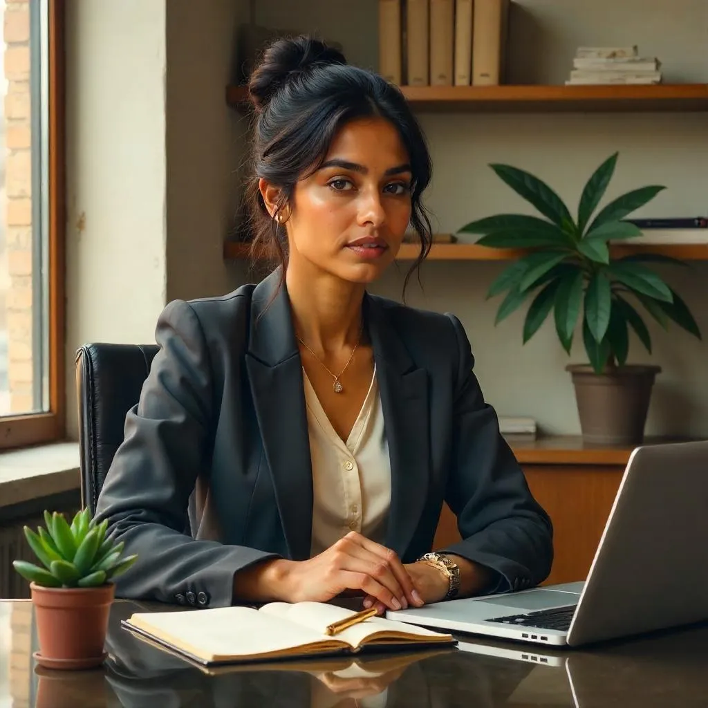Oil painting of a young Indian woman in a modern office