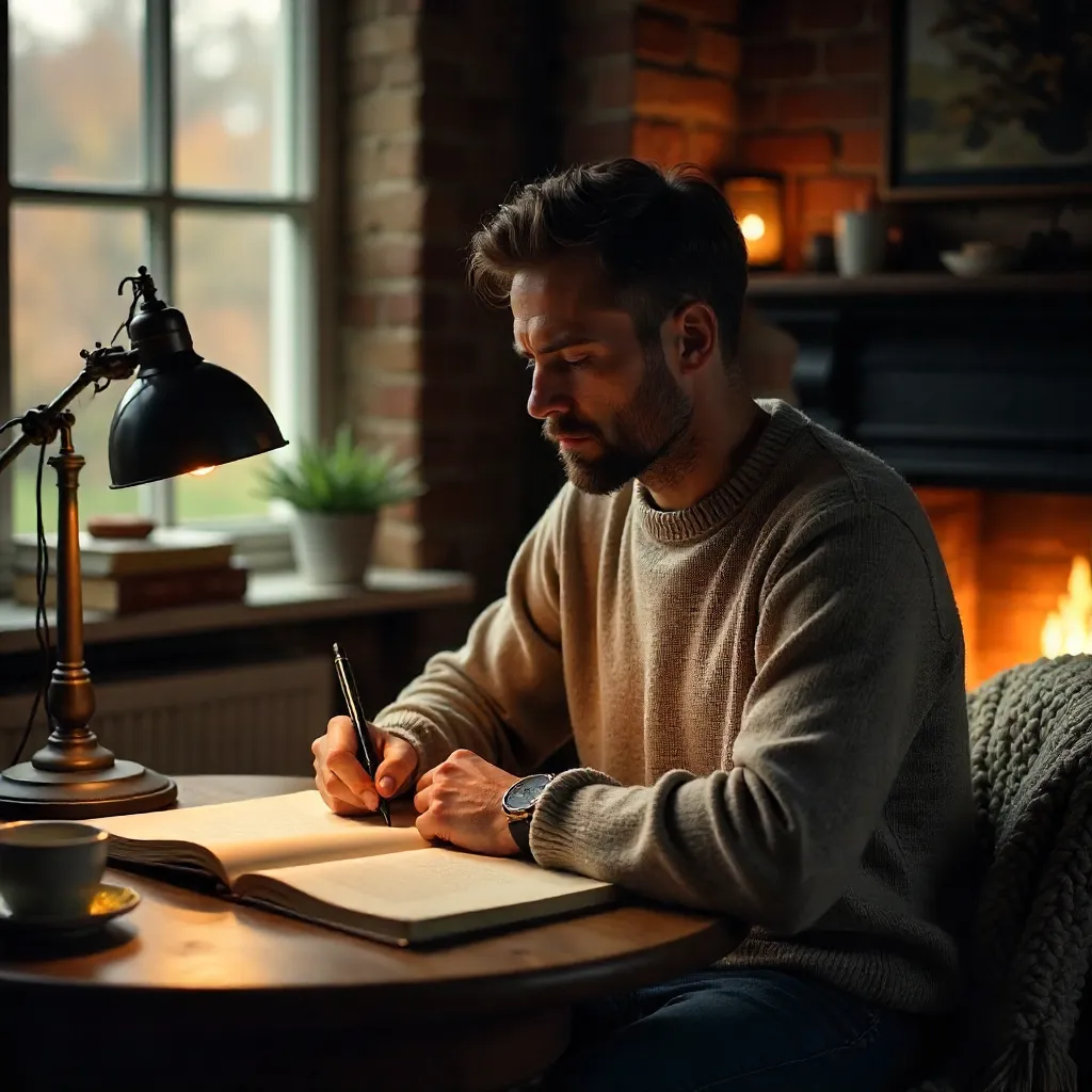 Thoughtful Writer in a Warm Cozy Room