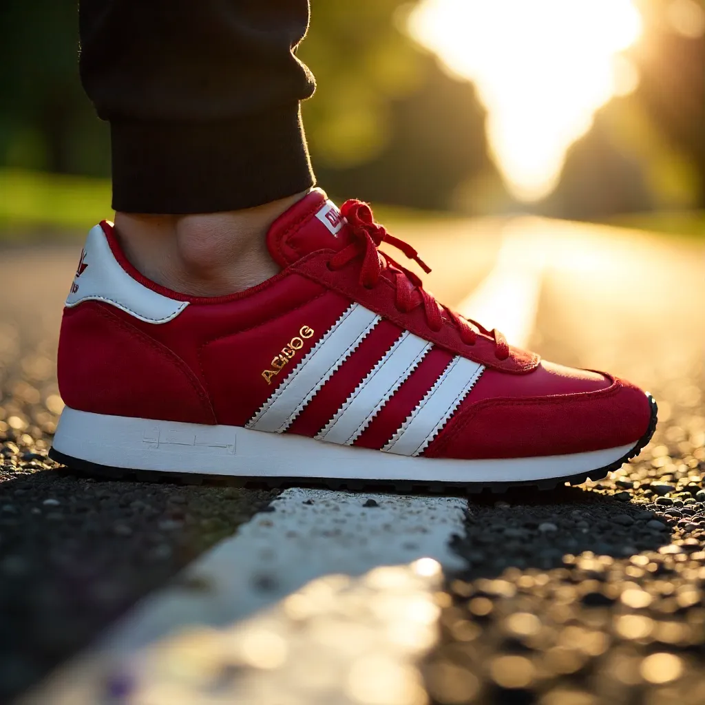 Close-up of a red sneaker basking in sunlight