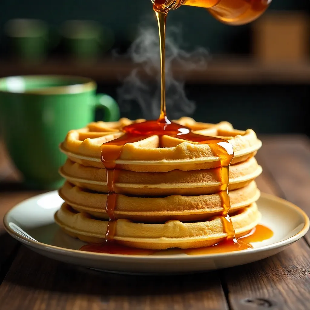 Golden Waffle Stack with Syrup and Green Cups