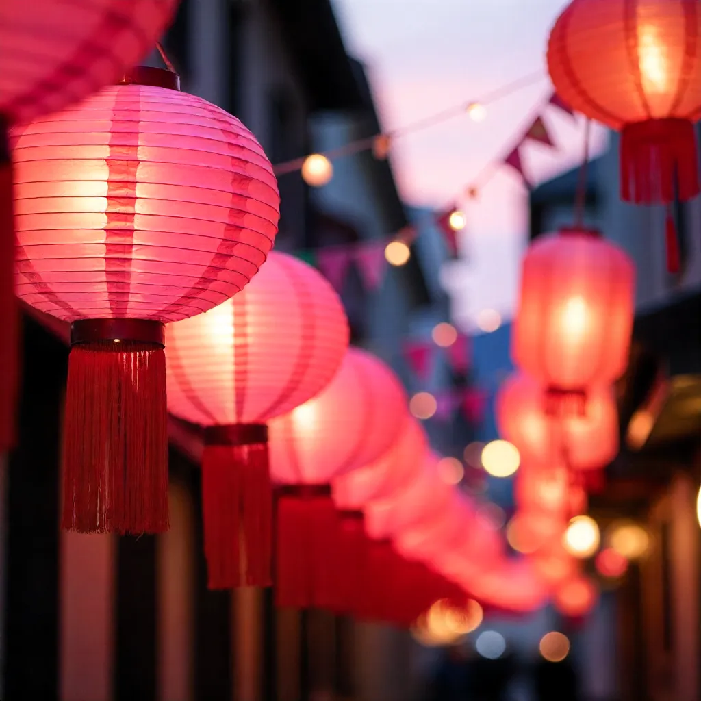 Rows of Pink Lanterns: Festive Corridor of Light