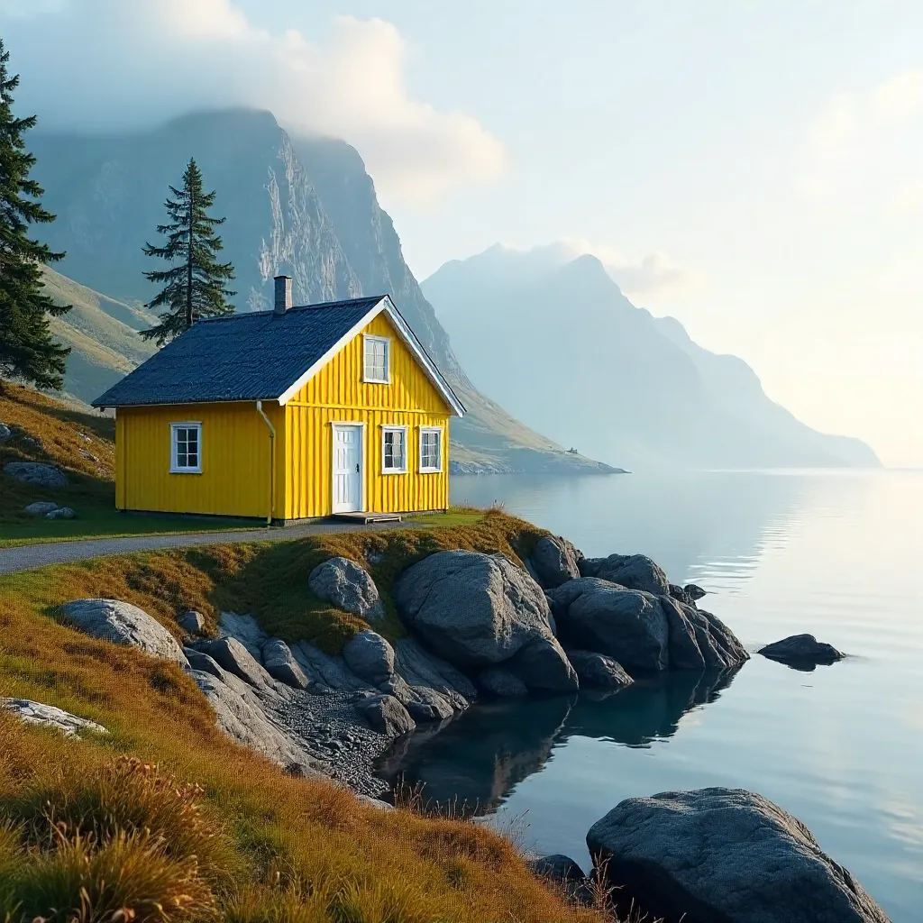 Yellow House Amid Misty Nordland Mountains and Sea