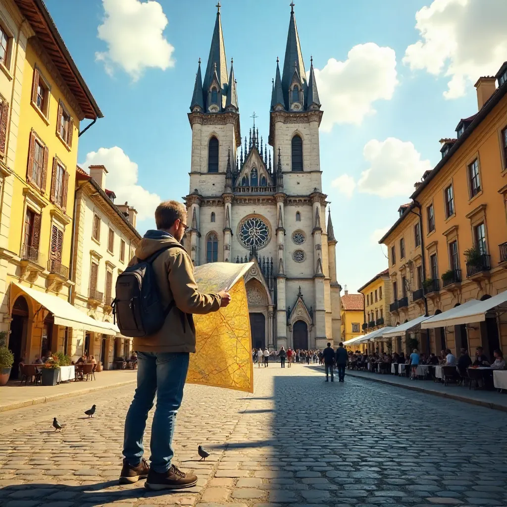 Map-Wielding Traveler at Novi Sad Cathedral
