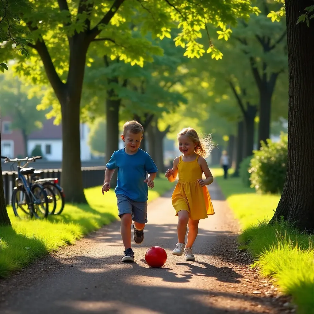 Two Children Playing on a Tree-Lined Path in Utrecht Park