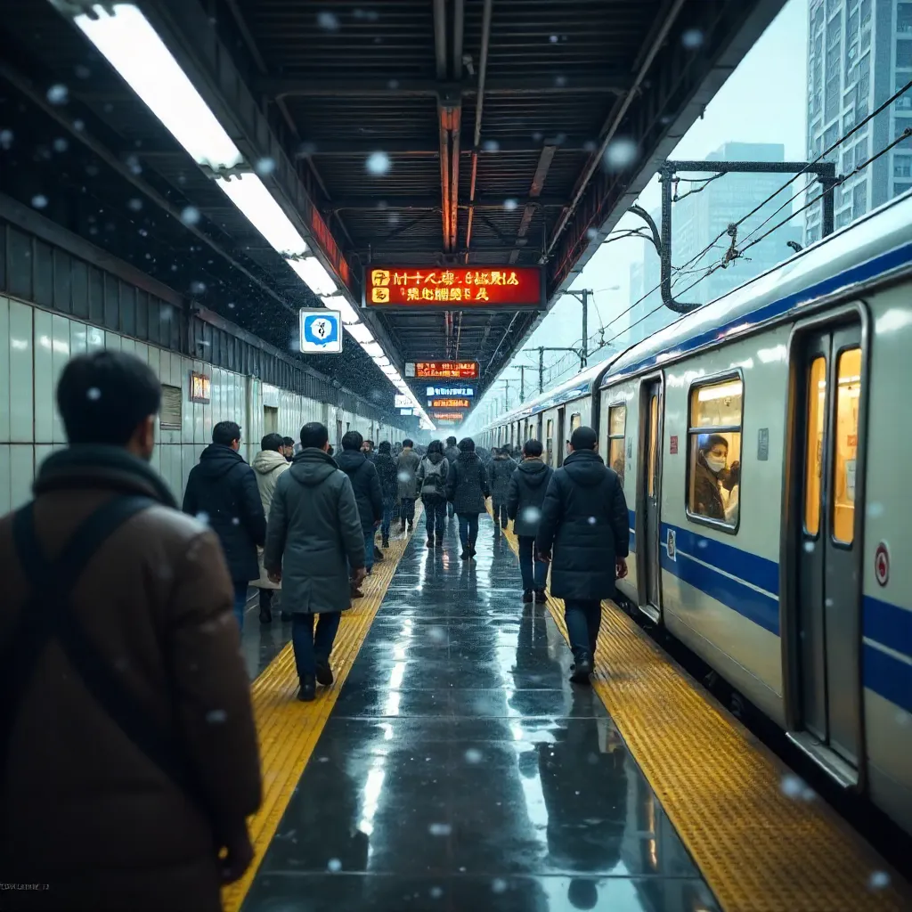 Snow Falls on a Bustling Shinjuku Station Platform