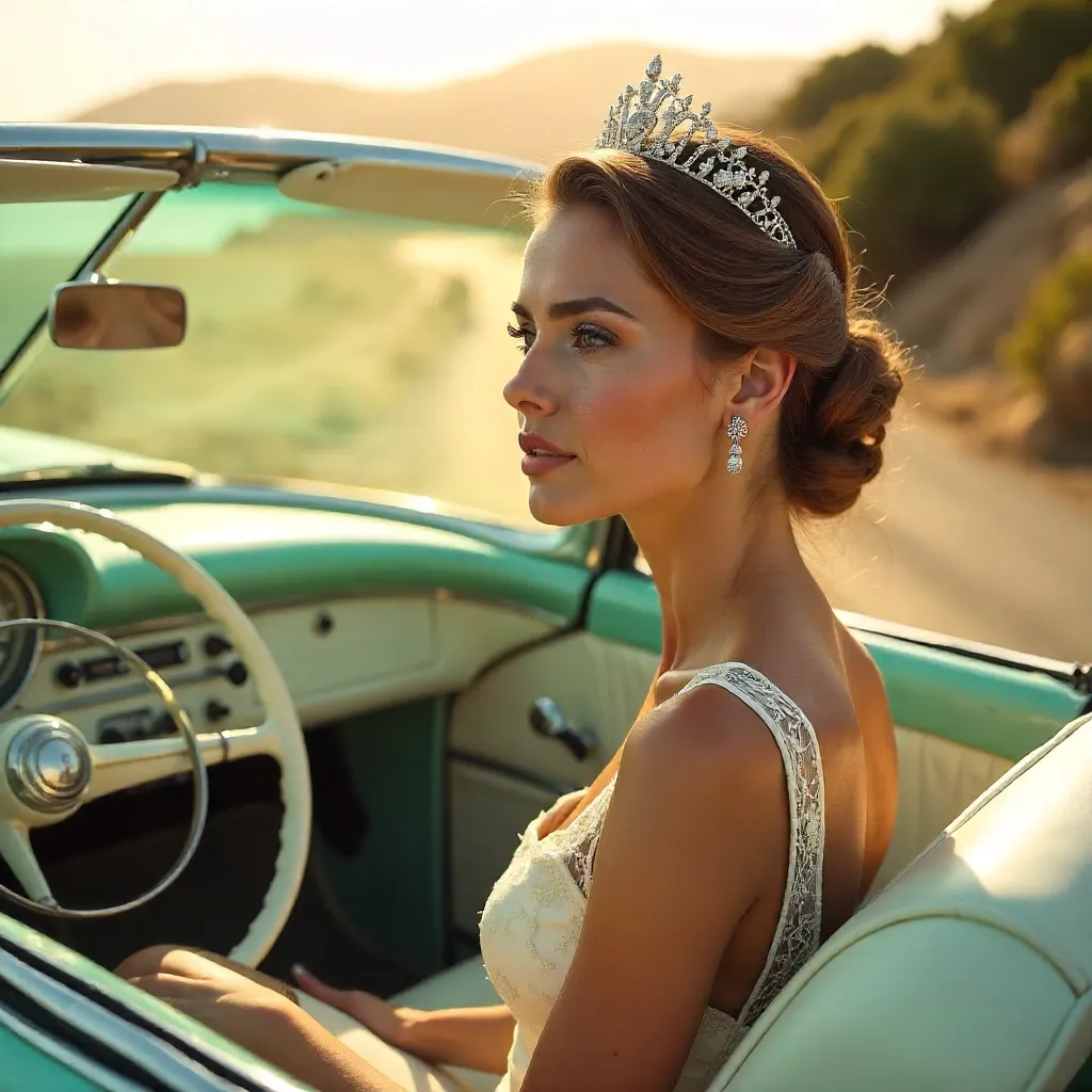 Gazing in a Vintage Car: Tiara and White Dress