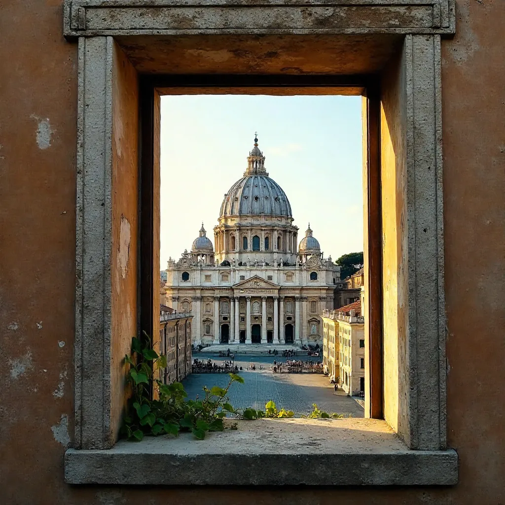 St. Peter's framed by a historic window in Rome
