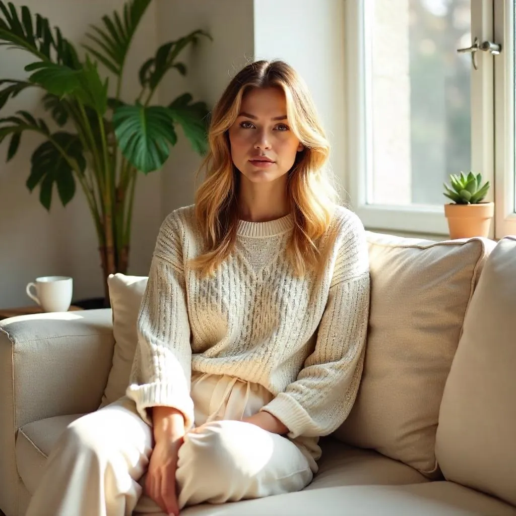 Photorealistic at-home portrait of a stylish woman