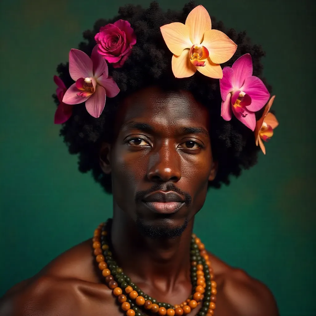 Floral Afro Portrait with Beaded Necklace