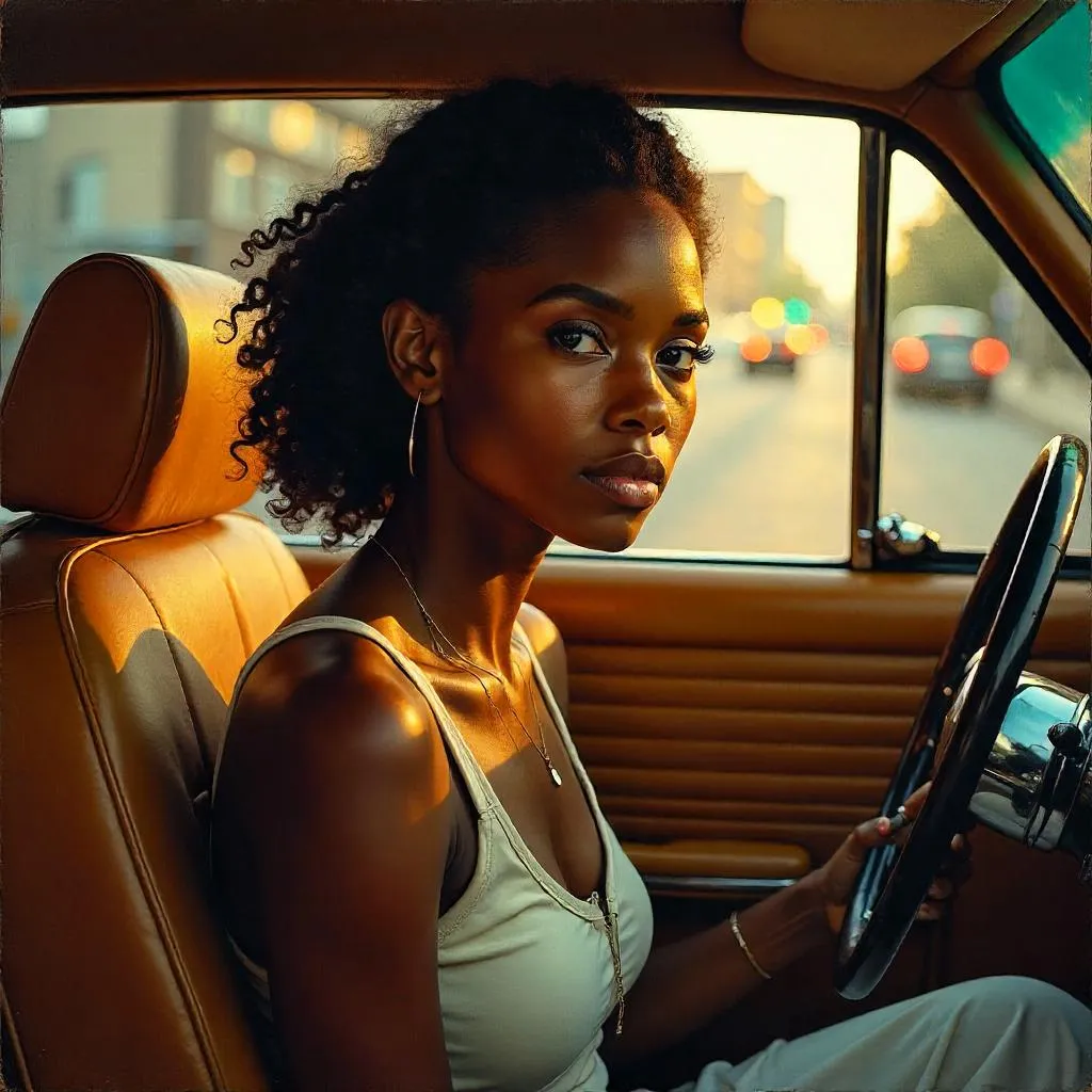 Oil Painting: Young Black Woman in a Car at Dusk