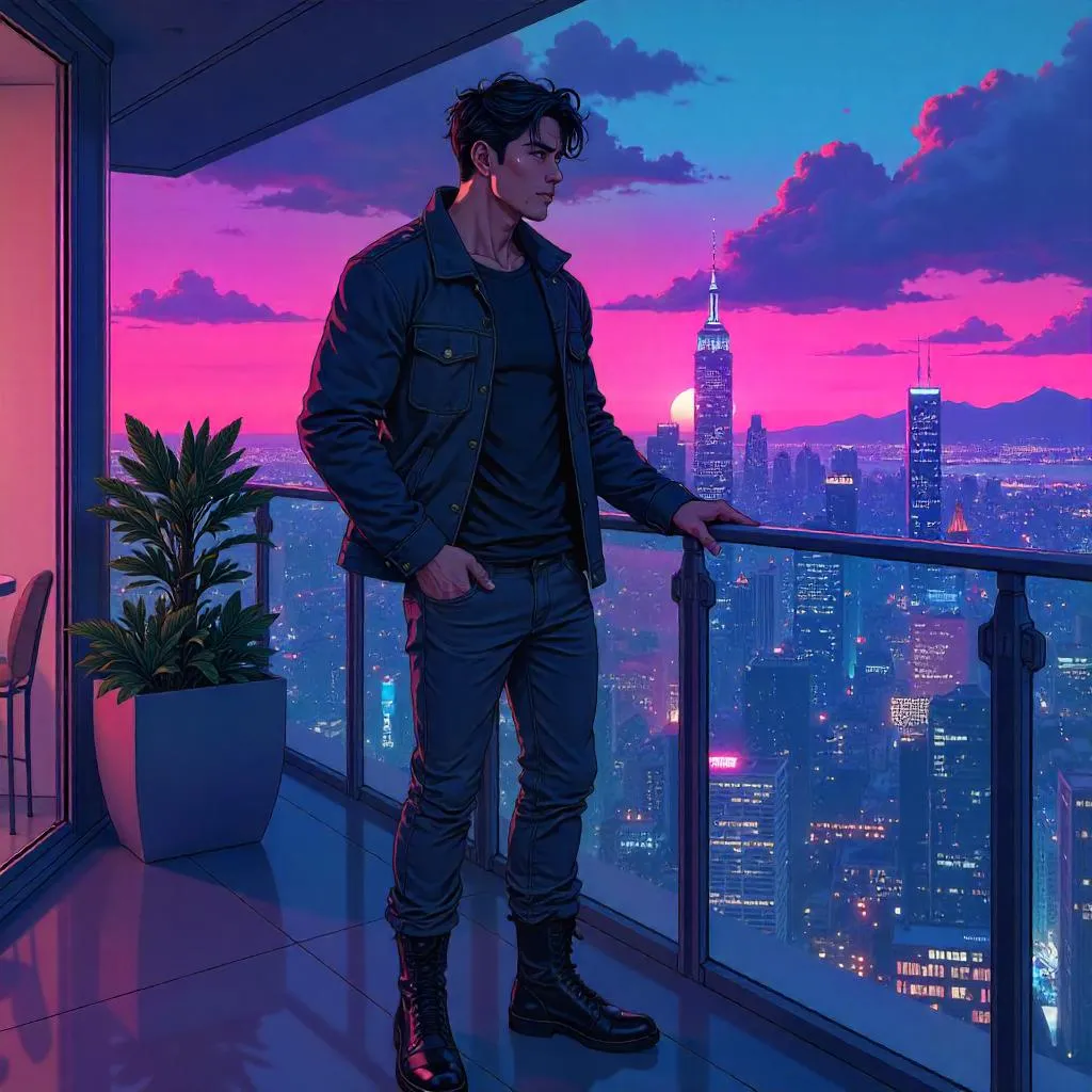 Powerful Asian Man on a Neon Rooftop Terrace