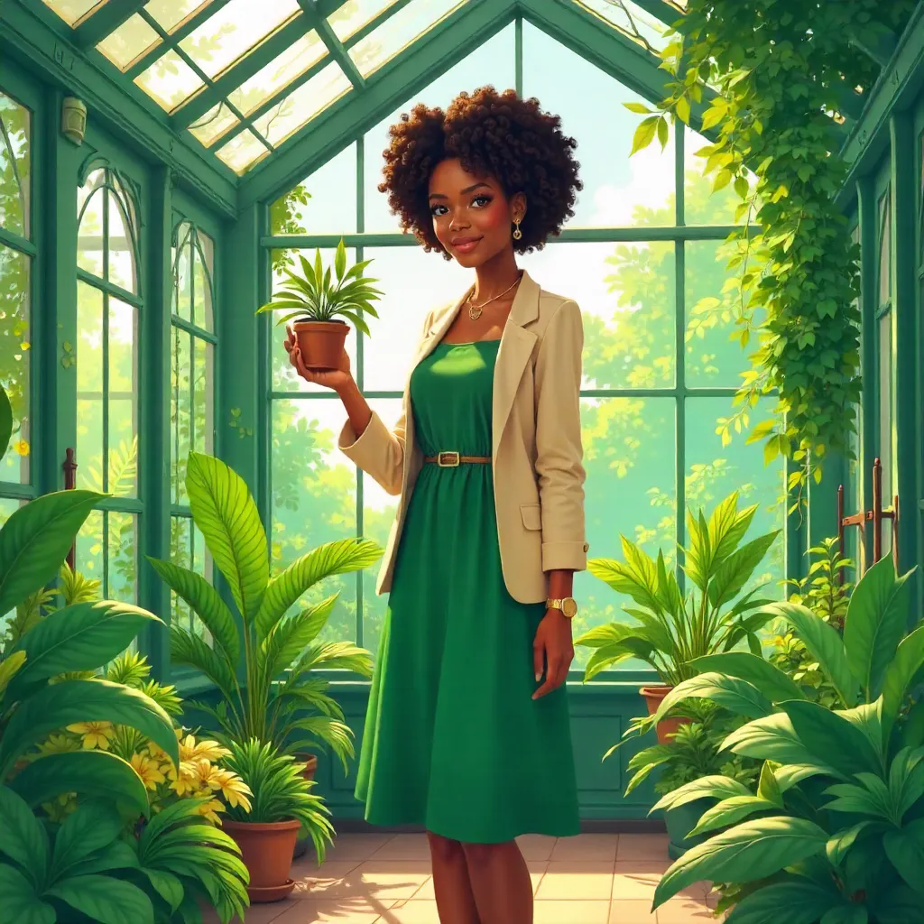 Anime-Style Adult Black Woman in a Glass Conservatory