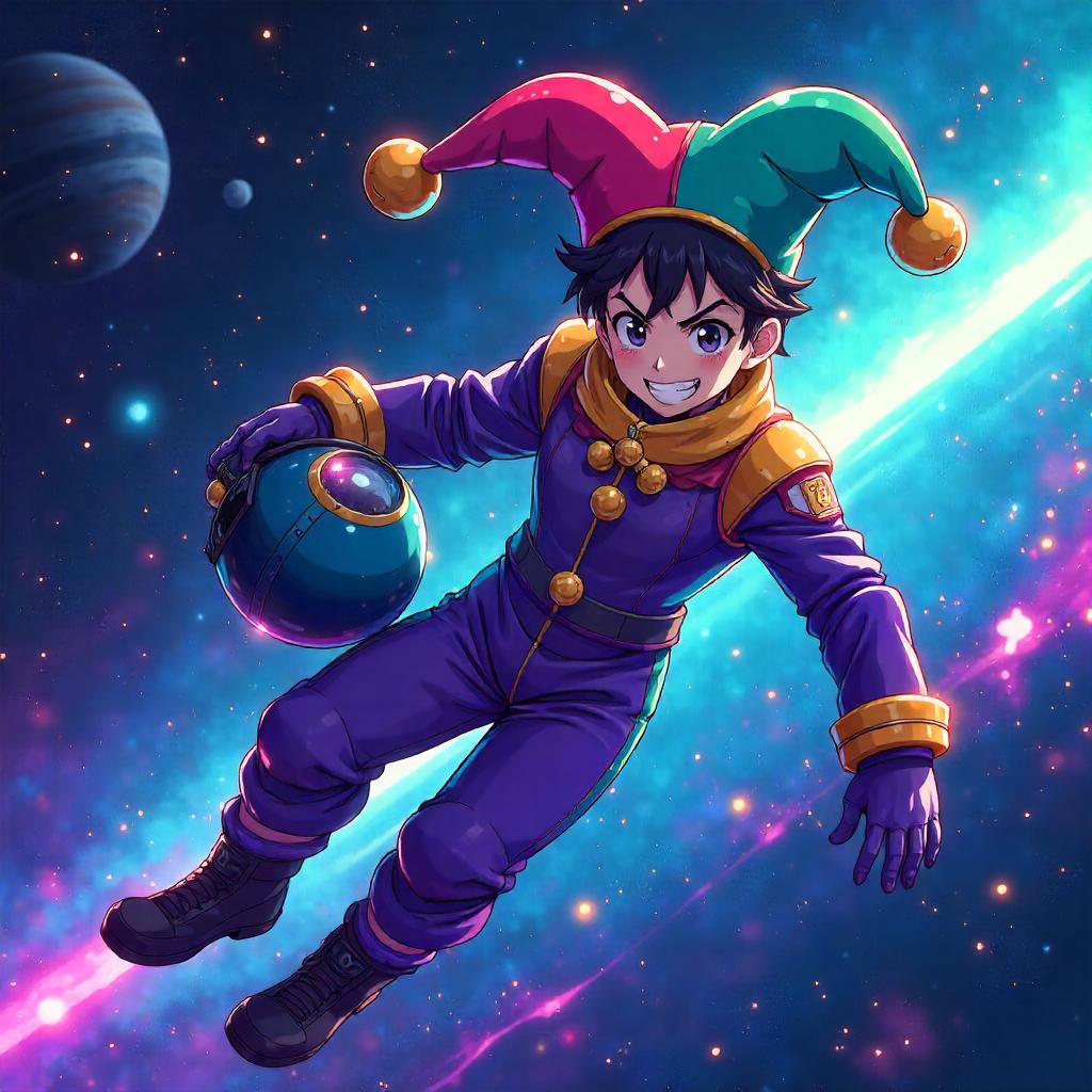 Anime-Style Jester in Space: Neon Cosmic Carnival
