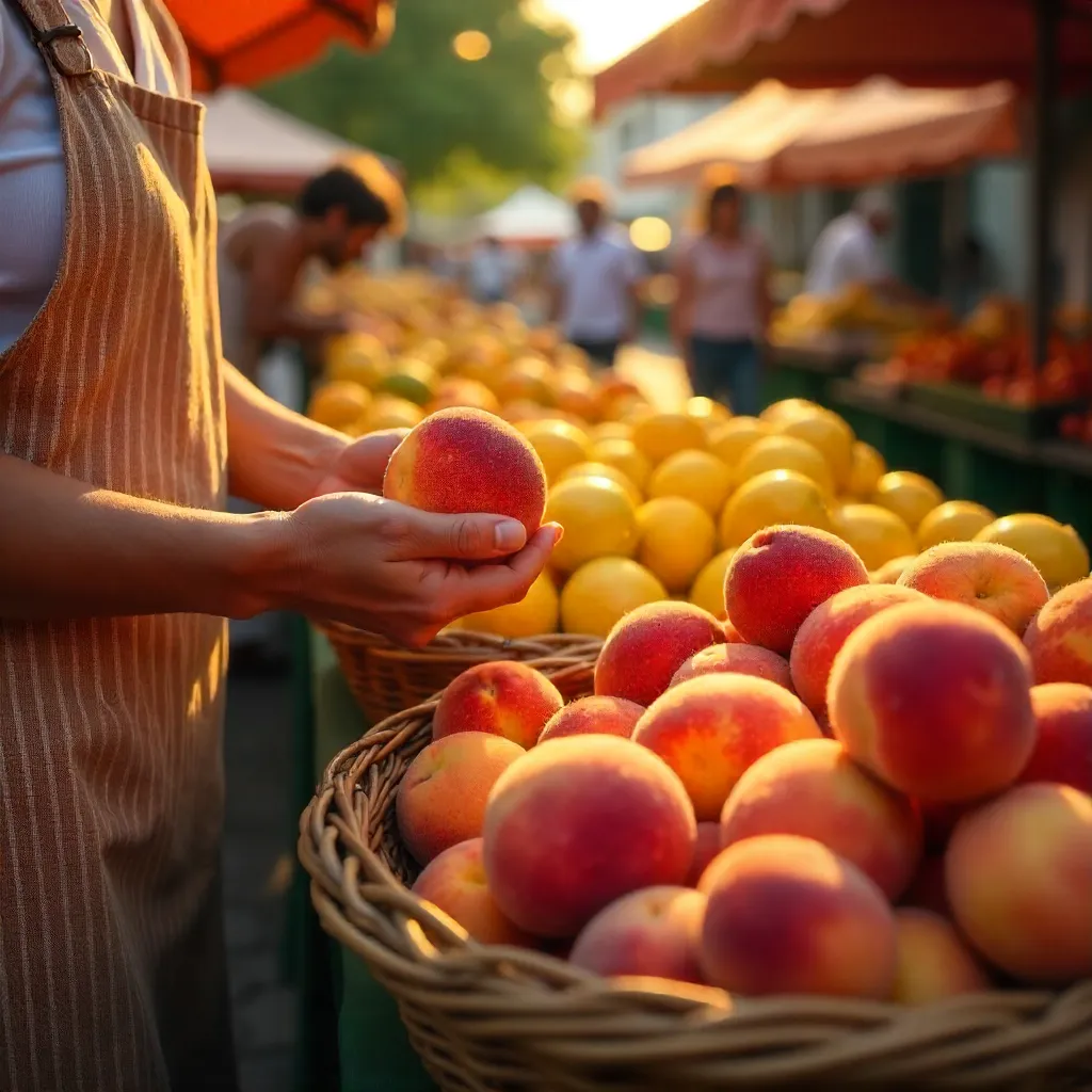 Picking Fresh Peaches at a Bright Market Stall