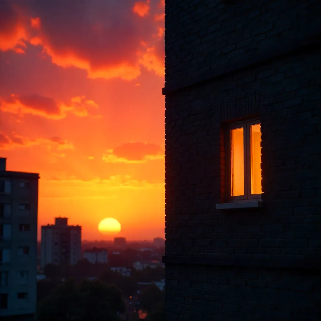 Orange Sunset Over a Dark Facade with One Lit Window