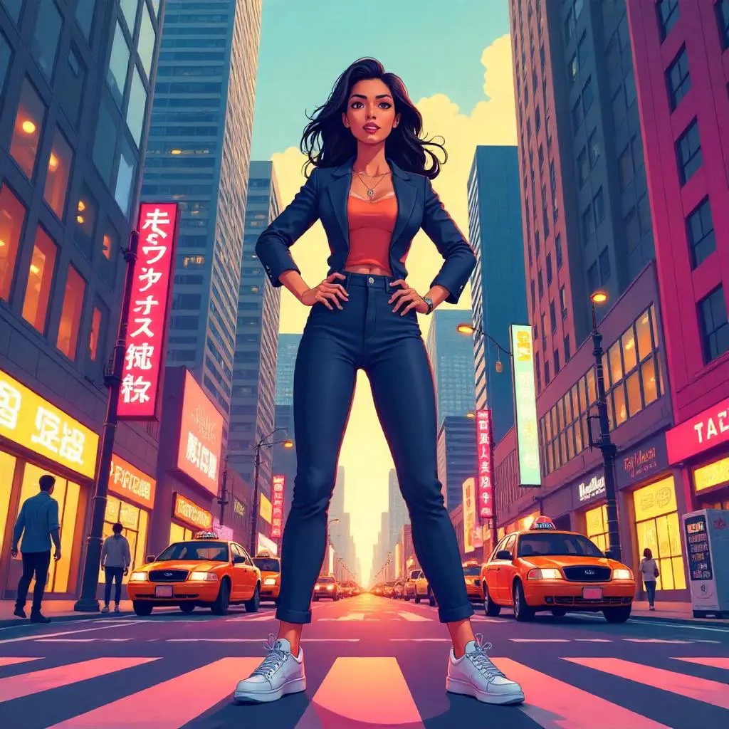 Confident Asian Woman in Downtown Cartoon Style