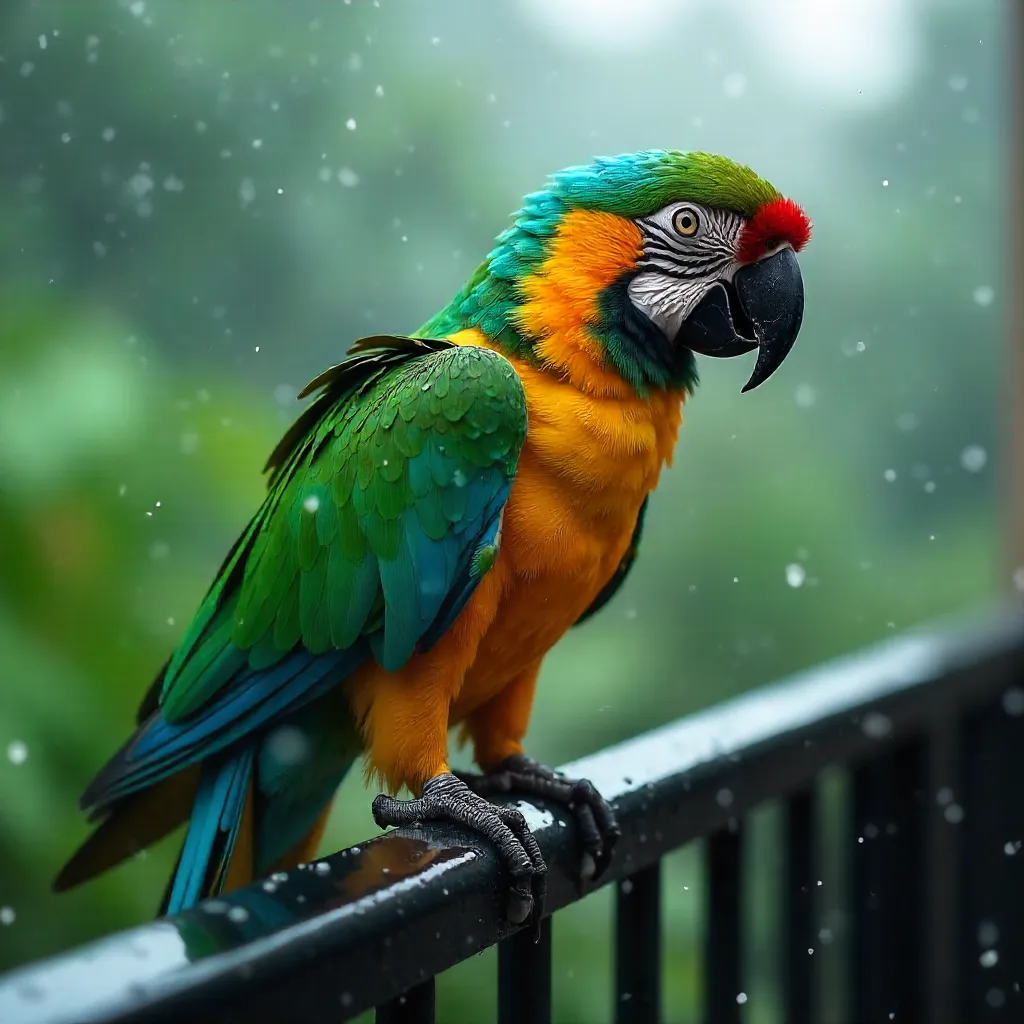 Vibrant Parrot on a Wet, Rain-Slick Rail
