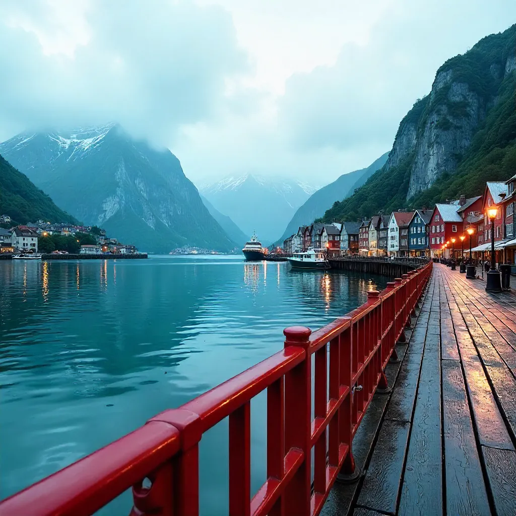 Red Dock Railings Over Bergen Fjord with Mountains