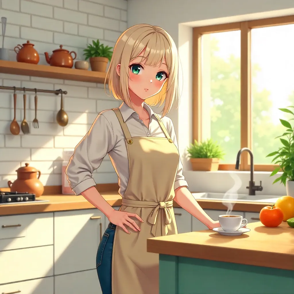 Stylish Adult Anime Girl in a Bright Kitchen