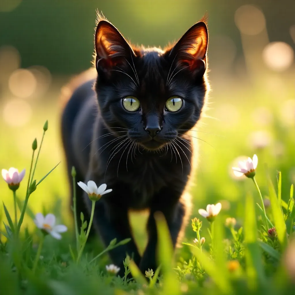 Elegant Black Cat in a Field of Wildflowers