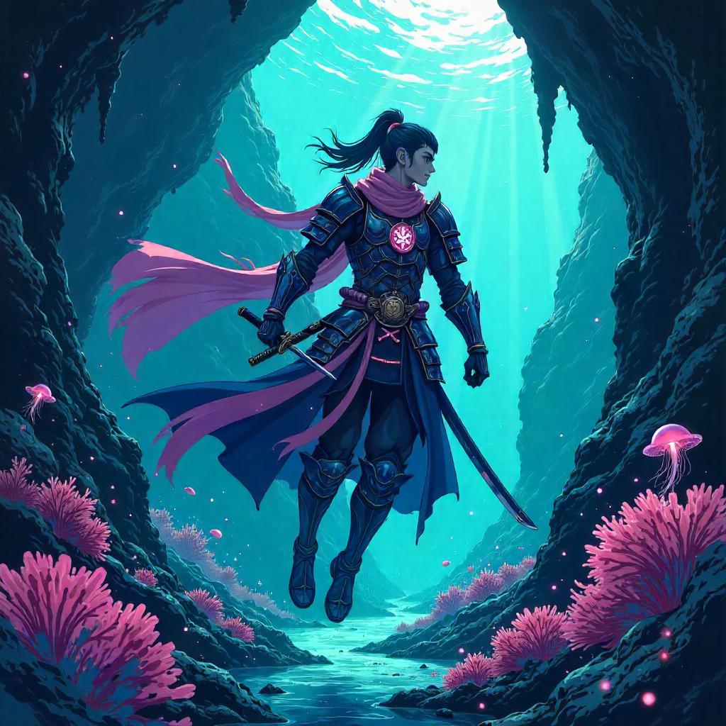 Underwater Anime Samurai in an Oceanic Cave
