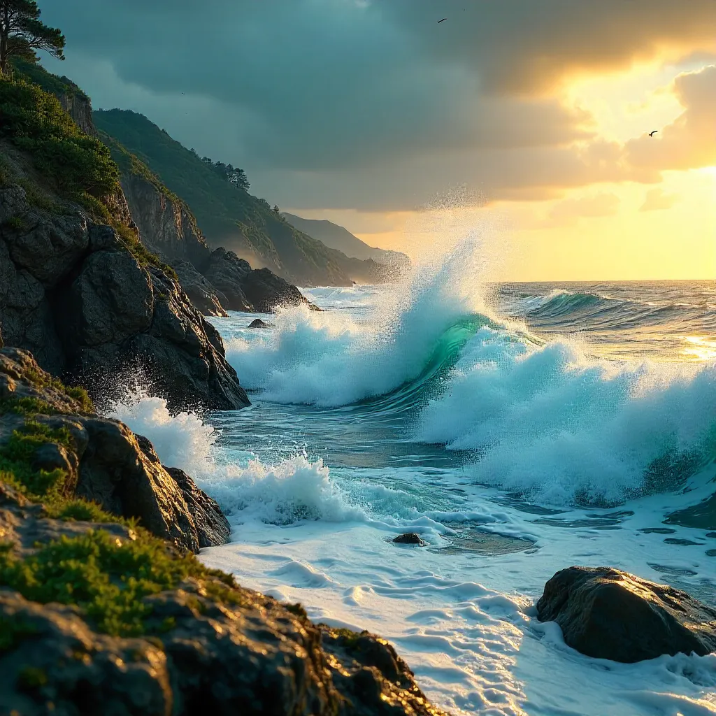 Vibrant Waves Crash on Mossy Seaside Rocks