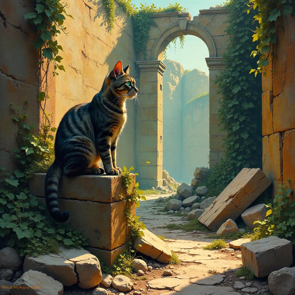 Cat in the Ruins: An Oil Painting