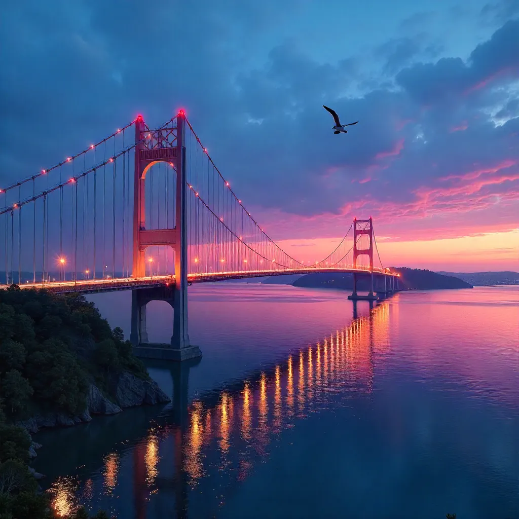 Twilight over Mackinac Bridge at Lake Michigan