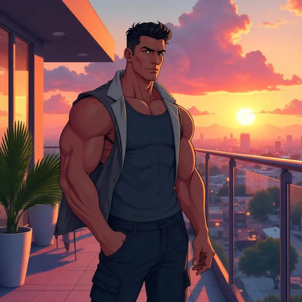 Strong Latino Man on a Terrace in Anime Style