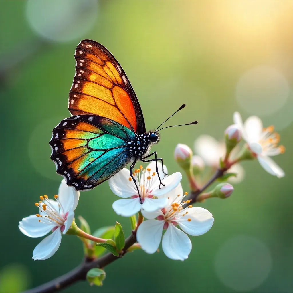 Vibrant Butterfly on White Spring Blossoms