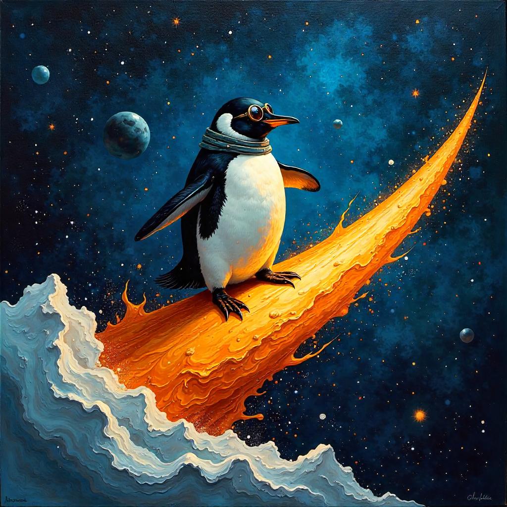 Penguin on a Comet: An Oil Painting in Space