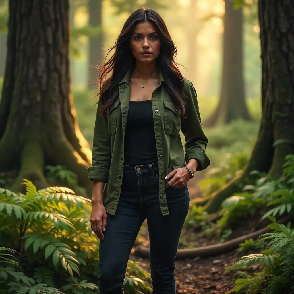 Confident Latina Woman in a Sunlit Forest
