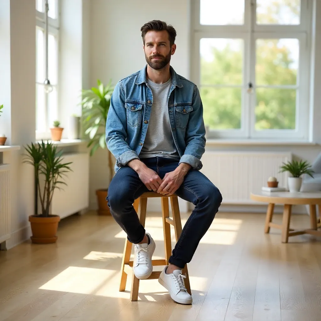 Casual man on a stool in a bright room