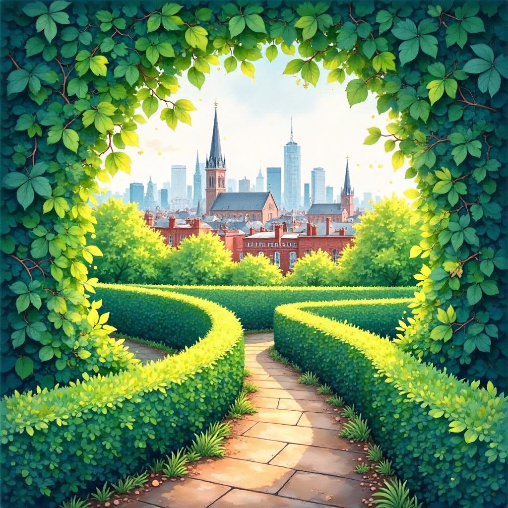 City in a Watercolor Hedge Maze