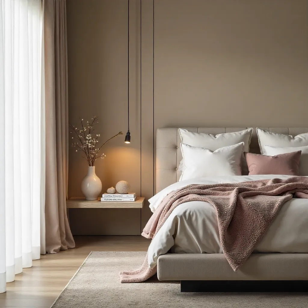 Modern Bedroom: Plush Pillows & Minimal Side Table Decor