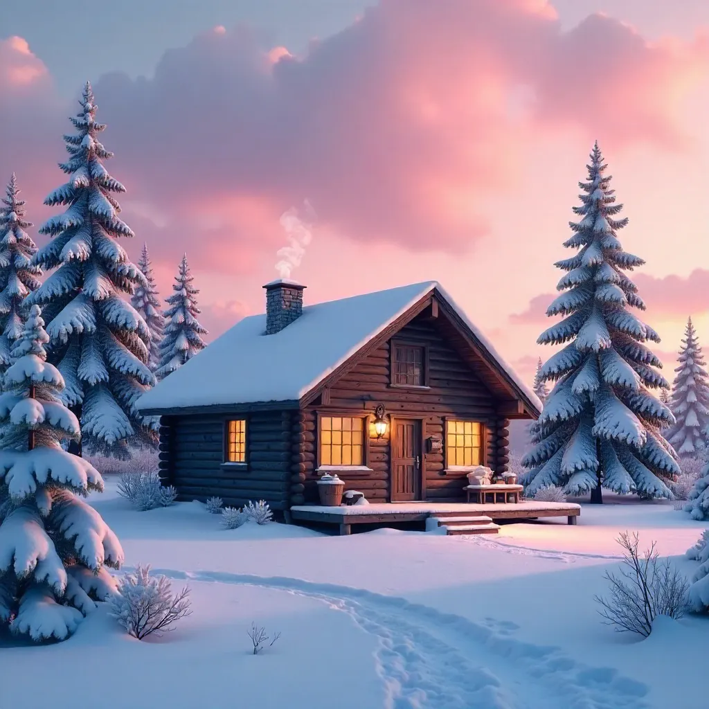 Winter Serenity: Snowy Wooden Cabin Under Pink Sky