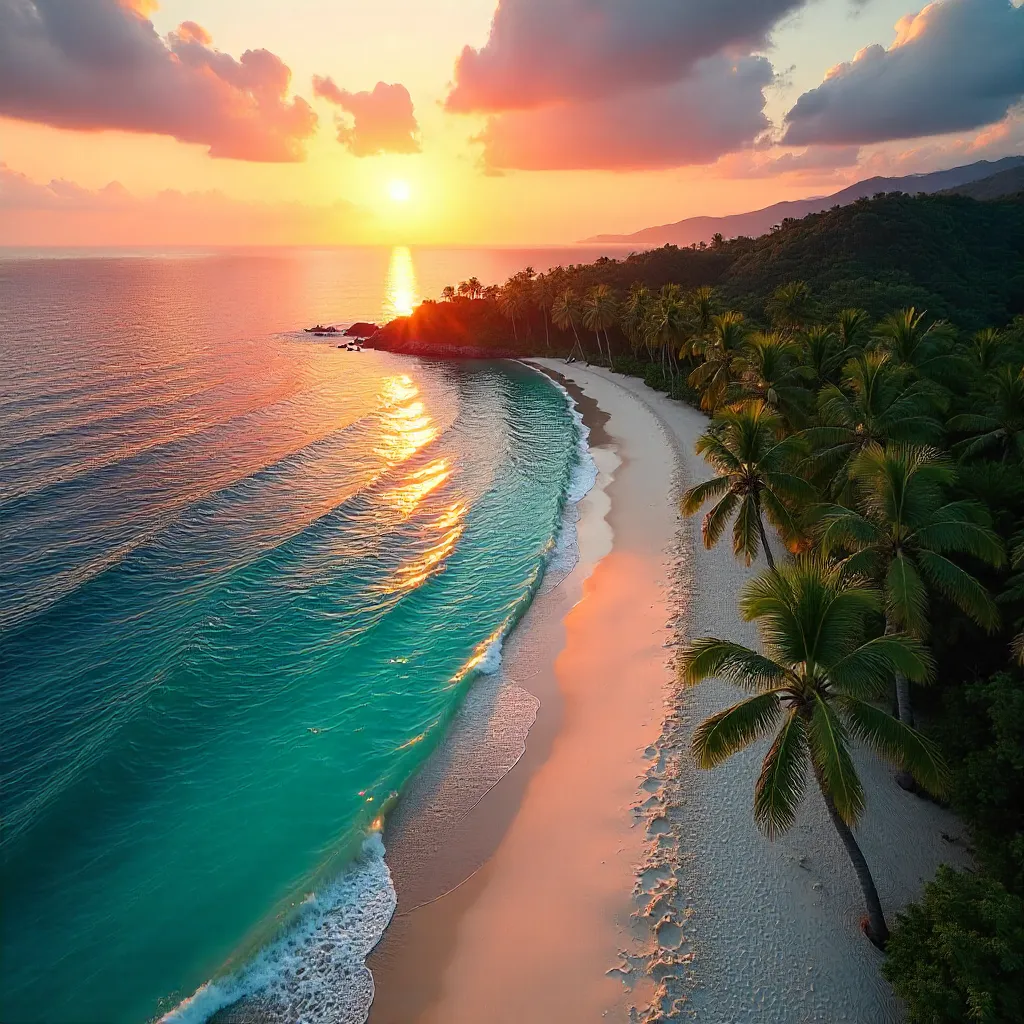 Aerial Sunset Over a Secluded Bali Beach