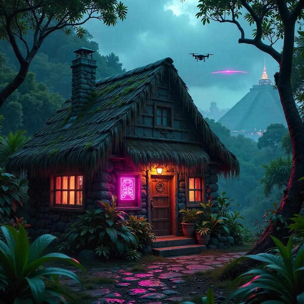 Cottage in Neon Mayan Ruins: Cyberpunk Night