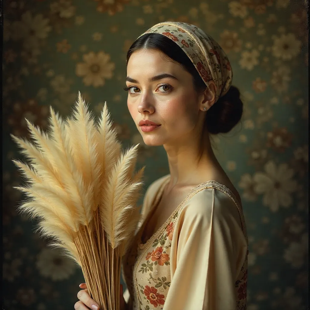Vintage Portrait: Woman in Headscarf with Pampas Grass