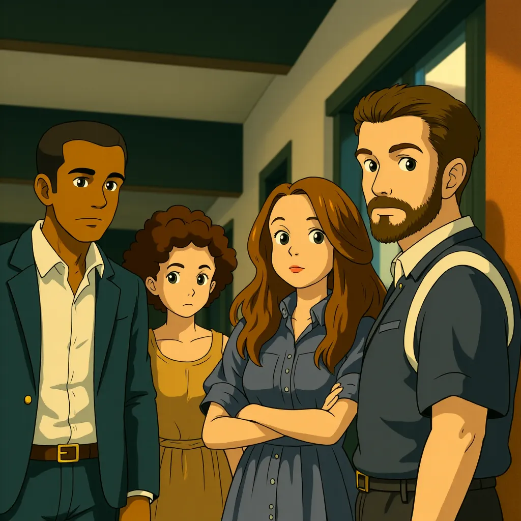 Ethan Hawke, Julia Roberts, Mahershala Ali, and Myha'la in Leave the World Behind (2023) - Anime style