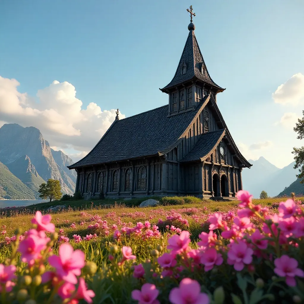 Stave Church Amid Pink Flora Under a Blue Sky