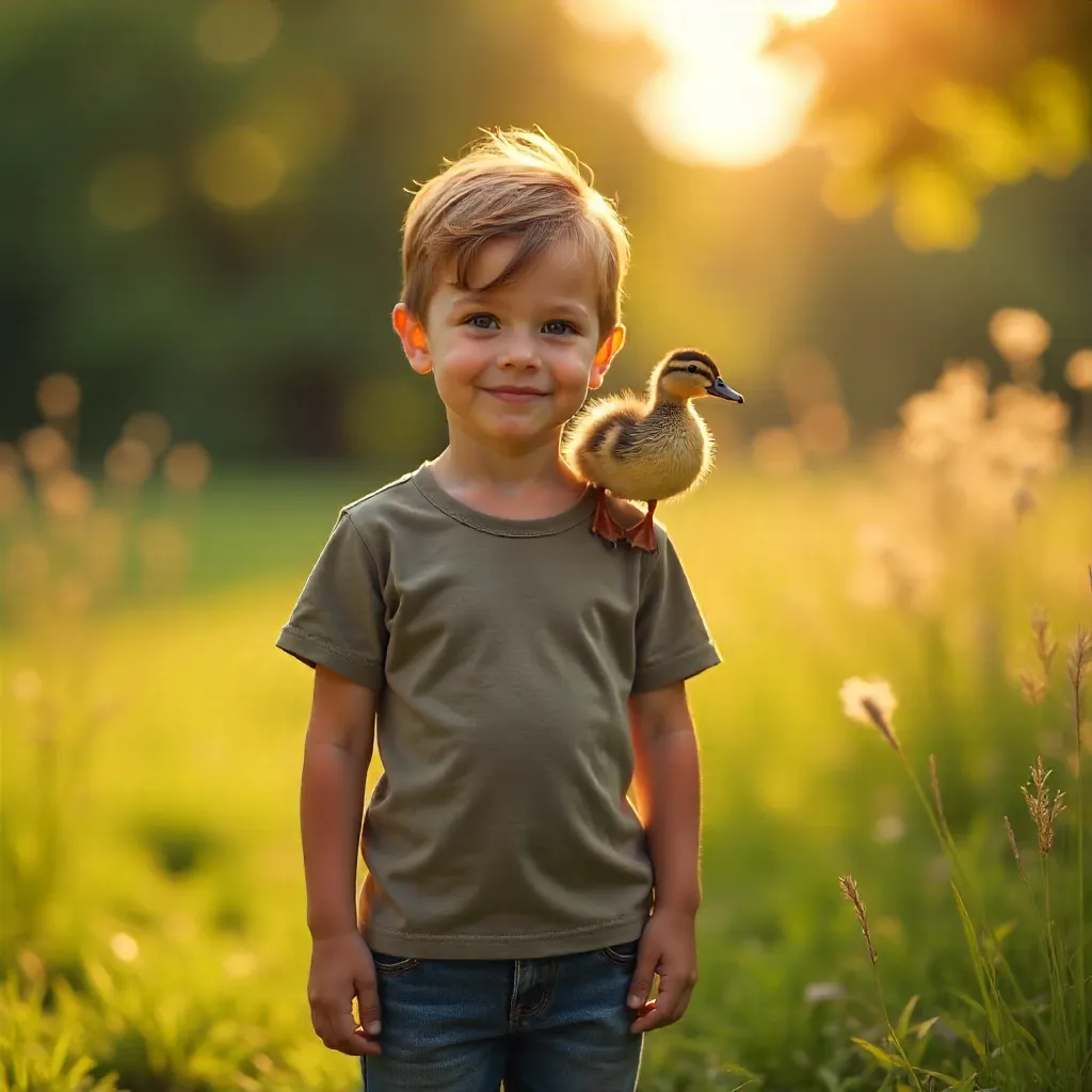Golden Hour Duck on a Boy's Shoulder