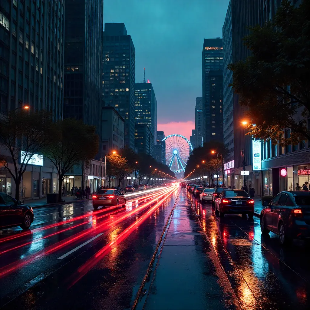 Twilight City Street with Distant Ferris Wheel