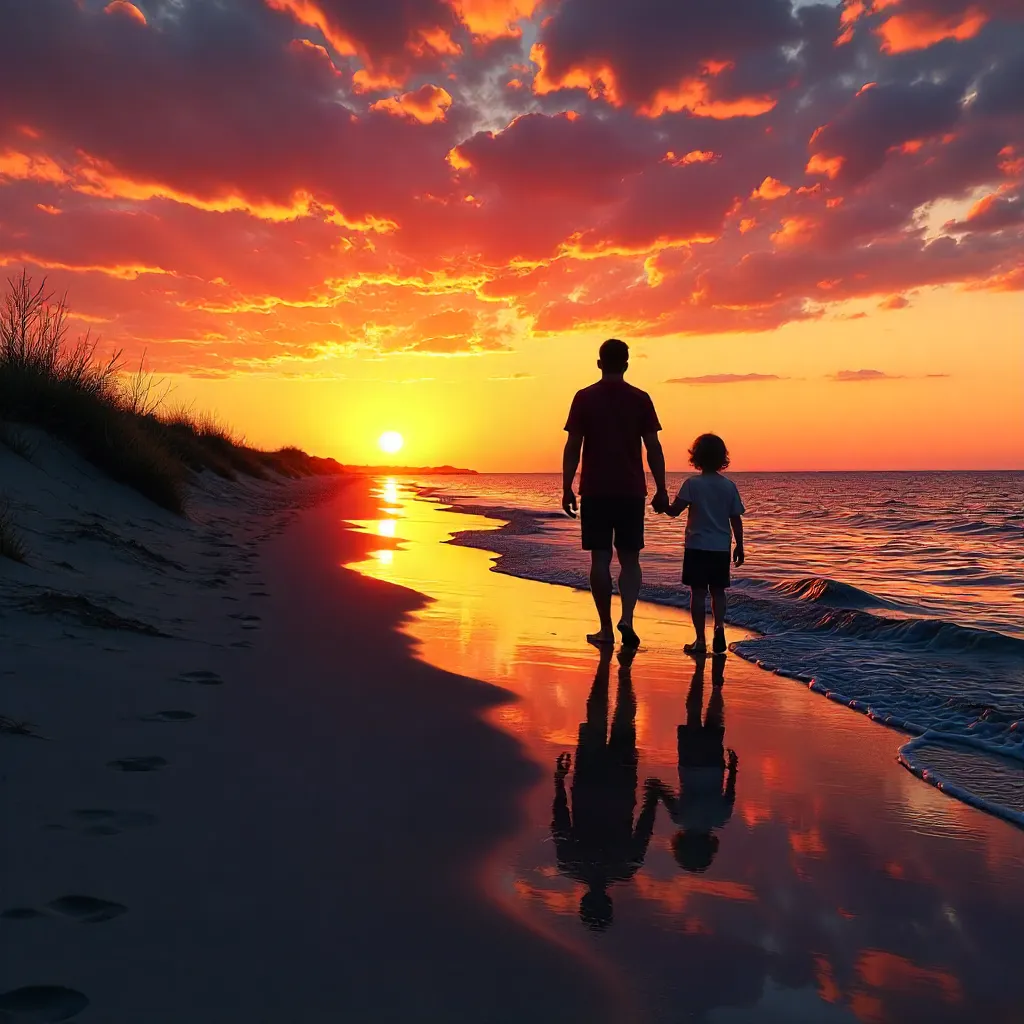 Silhouhetted Family at Rimouski Beach at Sunset