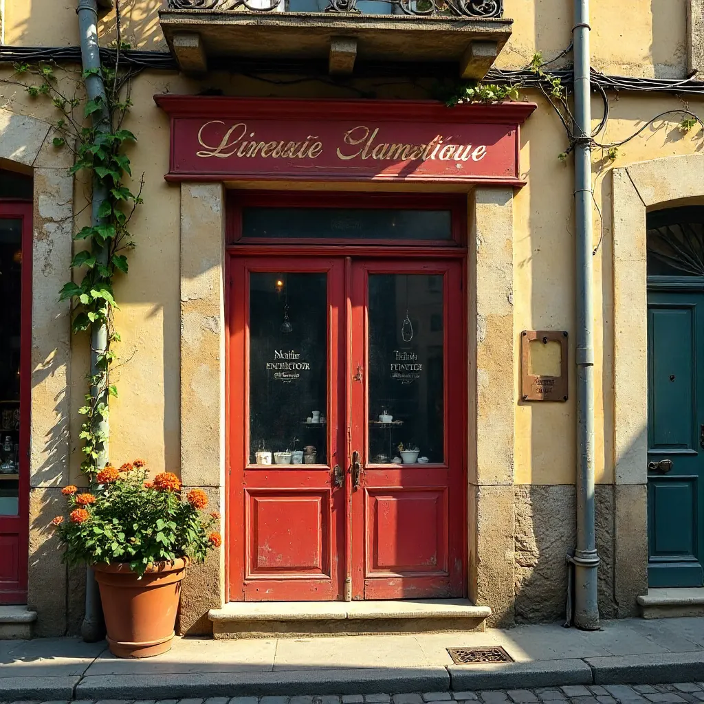 Vintage Jonzac Shopfront with Faded Red Doors