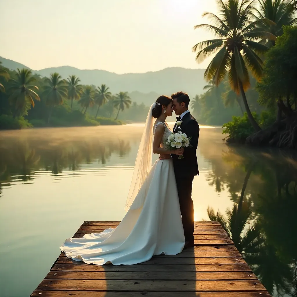 Bride and Groom Embrace on a Tranquil Indonesian Dock