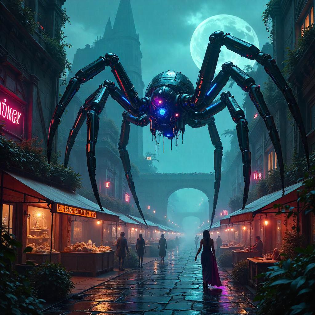 Cyberpunk Spider Looms Over the Elven City