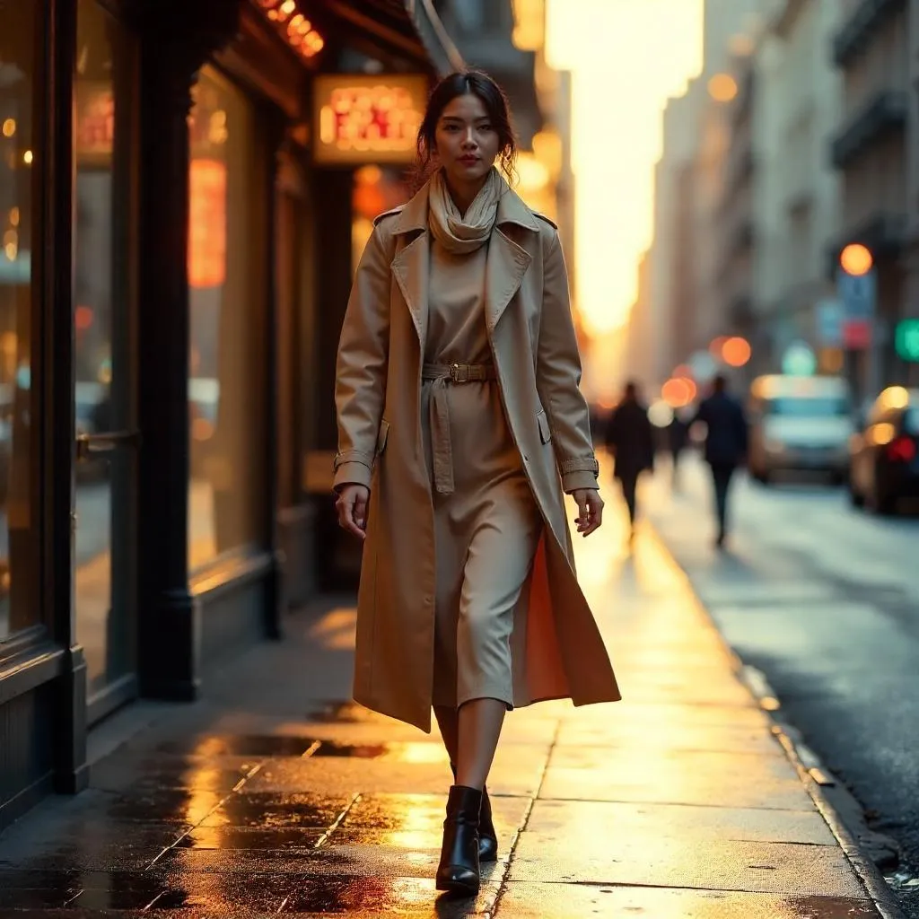 Elegant Asian Woman on a Neon City Street at Golden Hour