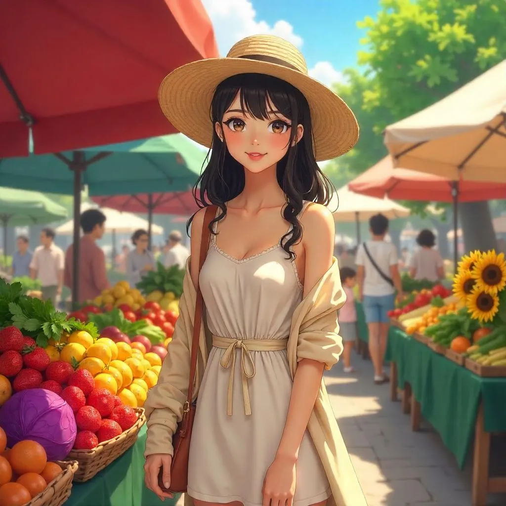 Elegant Anime Woman at a Lively Farmers Market